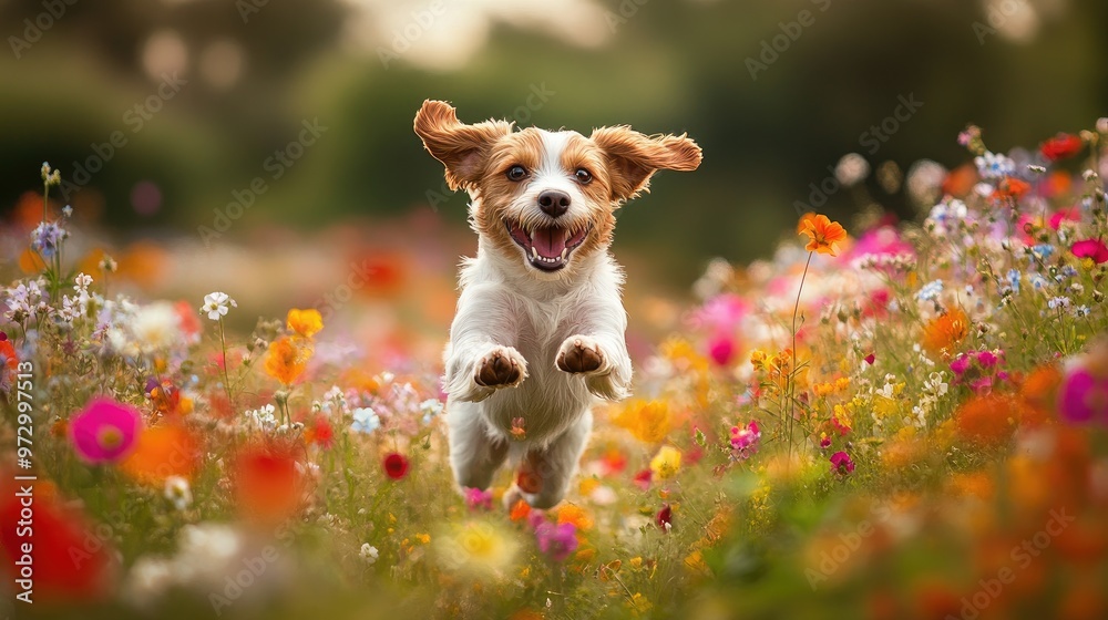 An endearing photo of a dog running through a field of colorful wildflowers, with its joyful expression and the vibrant scenery creating a lively atmosphere An endearing photo of a dog running through a field of colorful wildflowers, with its joyful expression and the vibrant scenery creating a lively atmosphere