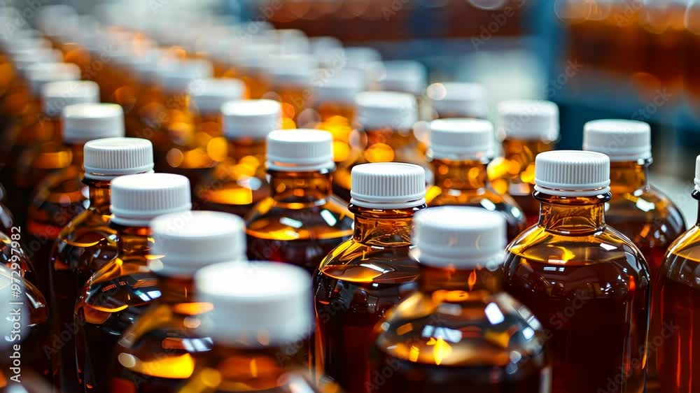 Neatly arranged amber syrup bottles in a production facility during the afternoon hours Neatly arranged amber syrup bottles in a production facility during the afternoon hours