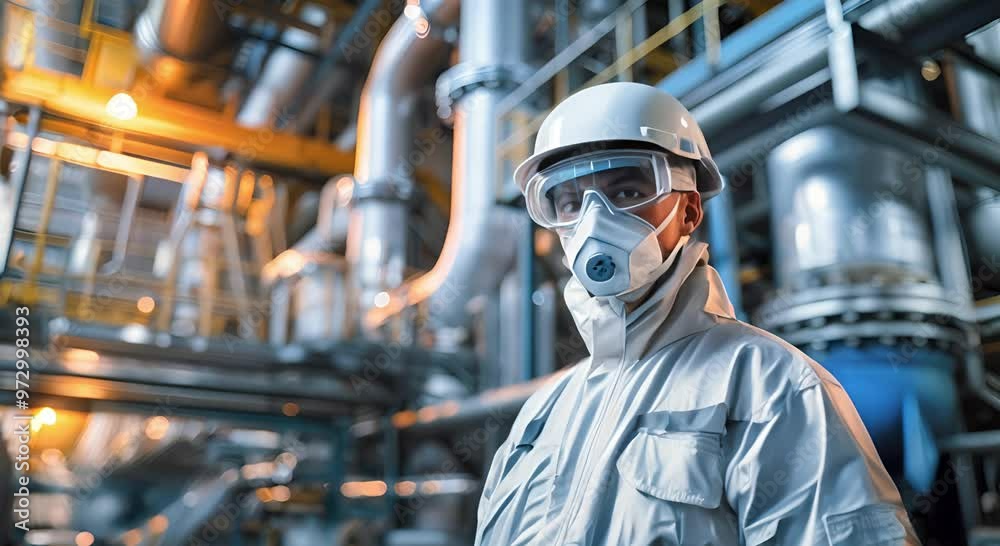 Industrial Worker in Protective Gear Standing in a Factory Setting Industrial Worker in Protective Gear Standing in a Factory Setting