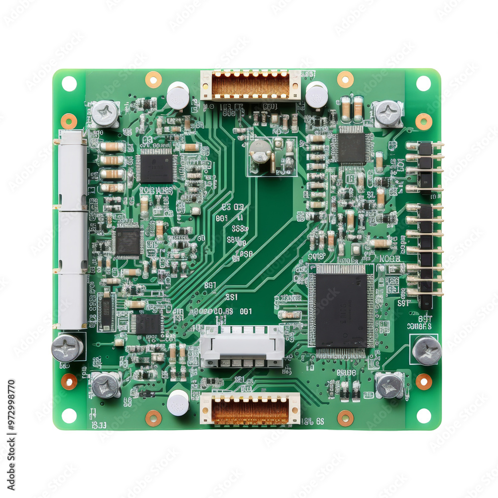 Detailed Circuit Board with Integrated Electronic Components and Connectors Detailed Circuit Board with Integrated Electronic Components and Connectors