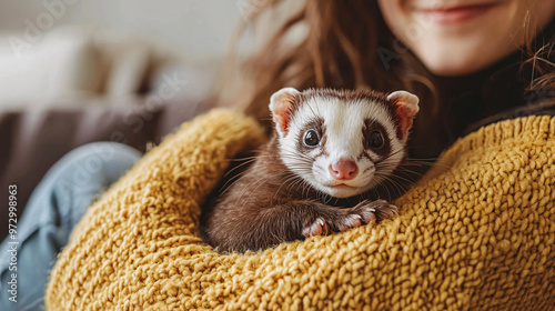 A point-of-view shot of a ferret cuddling with its owner on the couch, with a happy style and a plain background, showcasing the affectionate bond and the cozy setting 