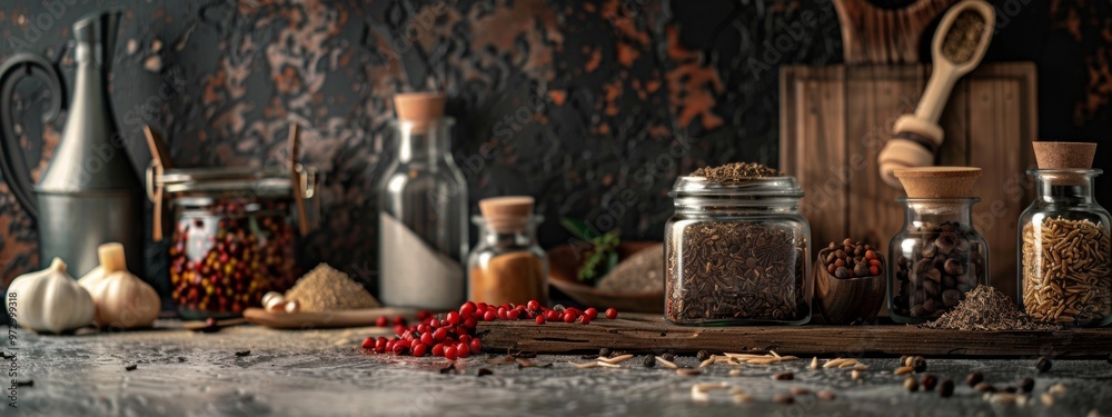 Assorted spices and herbs in glass jars on a rustic table Assorted spices and herbs in glass jars on a rustic table