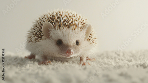 A point-of-view shot of a hedgehog training to perform tricks, with a realistic style and plain background, highlighting the hedgehog’s focus and the simplicity of the training space 