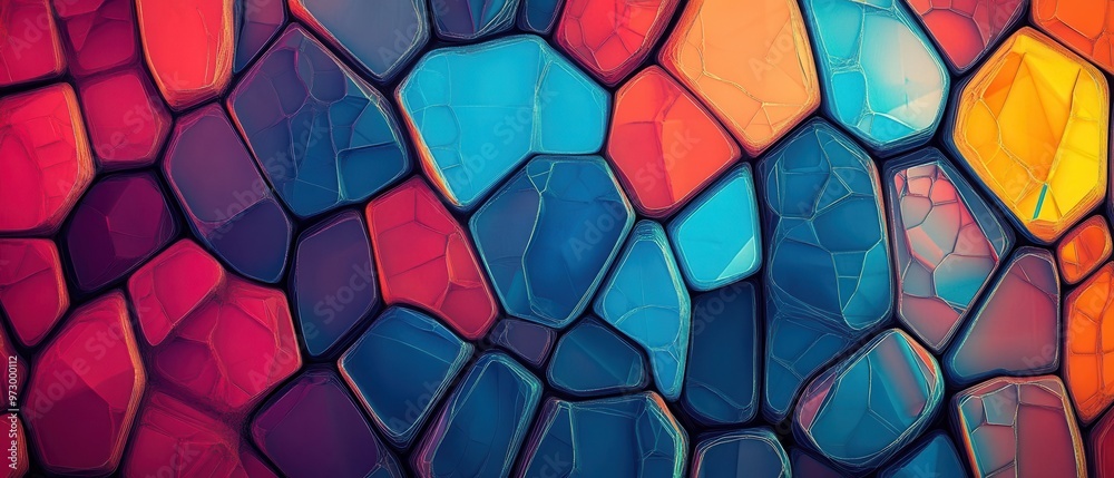 Design a background featuring a grid of colorful, irregular polygons, with bright, contrasting shades of red, blue, and orange. Design a background featuring a grid of colorful, irregular polygons, with bright, contrasting shades of red, blue, and orange.