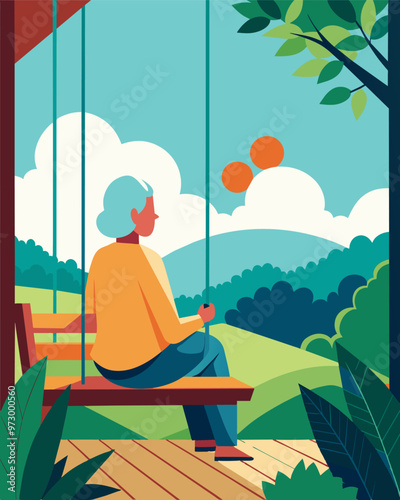A retiree sitting on a porch swing enjoying a peaceful afternoon as he reflects on how his consistent financial goal setting has allowed him to retire comfortably.. Vector illustration