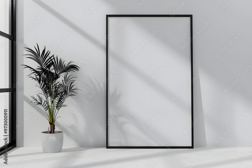 Vertical Black Frame Leaning on White Interior Mockup. Generative Ai. Vertical Black Frame Leaning on White Interior Mockup. Generative Ai.