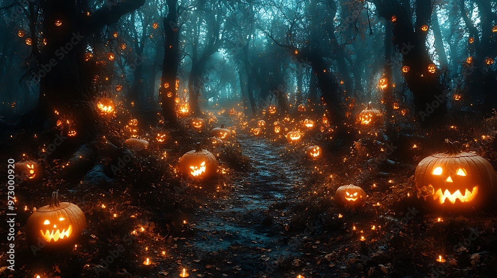 7. A haunted forest filled with eerie fog and glowing eyes peeking out ...