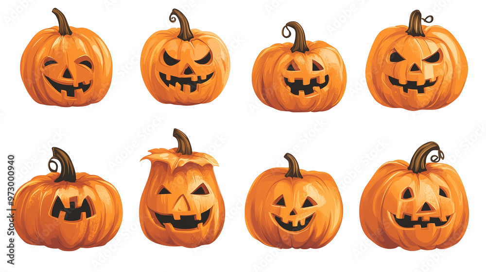 Halloween pumpkin icons sheet vector illustration with carved faces transparent background Halloween pumpkin icons sheet vector illustration with carved faces transparent background