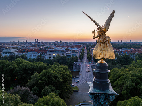 Friedensengel overlooking a beautiful sunset sky on Prinzregentenstrasse in Munich, Germany
