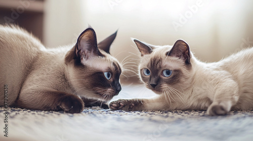 Low-angle view of a Siamese cat playing with another pet, with a candid style and pastel background, highlighting the interaction and the playful nature of both animals  photo