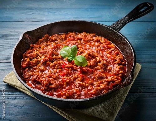 Bolognese sauce in a frying pan close up on the table