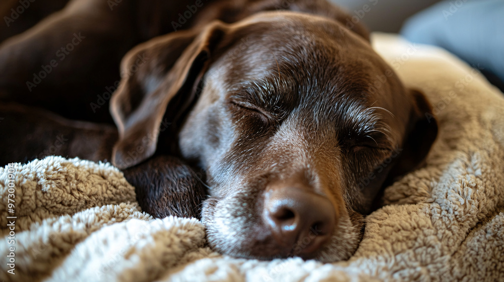 Close-up view of a Labrador Retriever napping peacefully on a cozy bed, with a serene style and minimal background, highlighting the dog’s relaxed expression and soft fur 