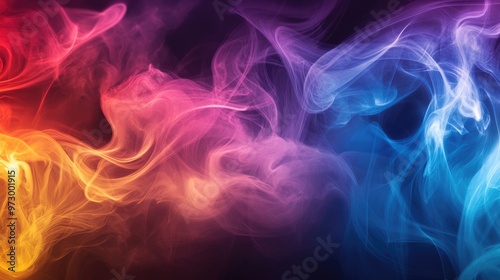 Vibrant swirls of multicolored smoke against a dark background, creating an ethereal and dynamic abstract effect with rich hues blending together.