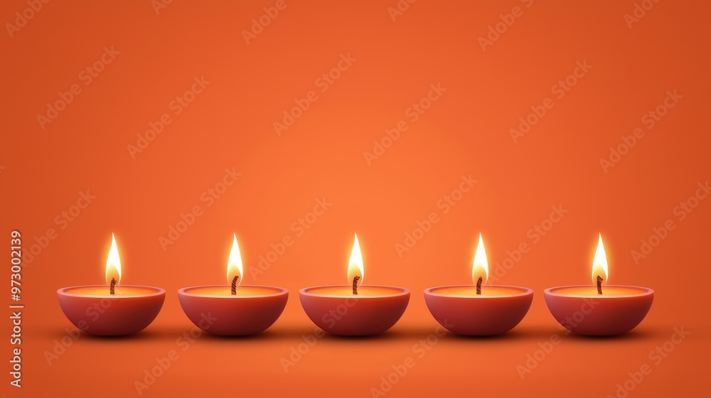 A row of five lit candles on an orange background A row of five lit candles on an orange background