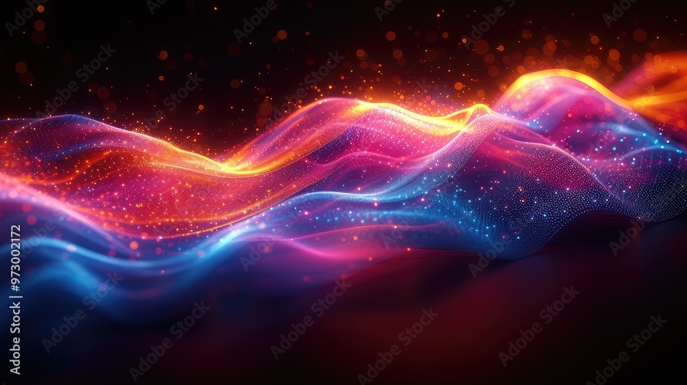 A vibrant, abstract representation of flowing waves with glowing particles, evoking energy and movement. A vibrant, abstract representation of flowing waves with glowing particles, evoking energy and movement.