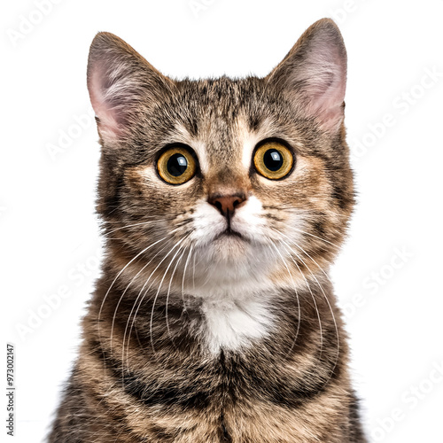 Cat with funny, cute and charming expression looking at camera isolated on white background