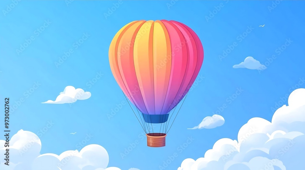 Fototapeta premium Colorful Hot Air Balloon Soaring Through Blue Sky with Fluffy Clouds