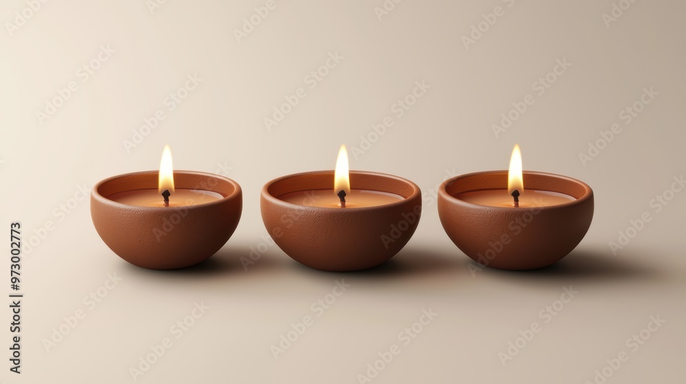 Three candles are lit in three different sized bowls Three candles are lit in three different sized bowls
