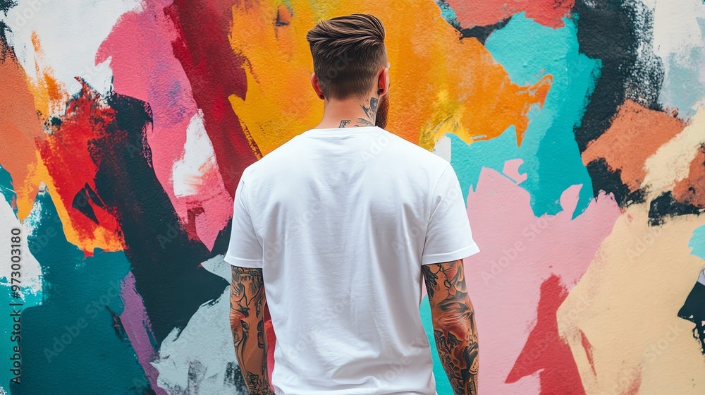 Fototapeta premium A man with tattoos on both arms is wearing a white t-shirt.