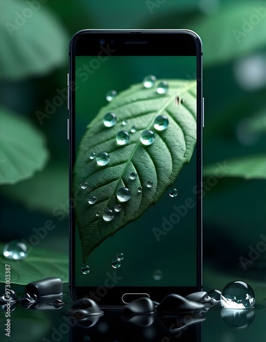 android mobile mockup with beautiful display of 3D leave  wallpapers photo