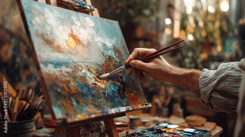 An artist skillfully paints a vibrant landscape on canvas, surrounded by an inspiring studio filled with creativity and supplies.