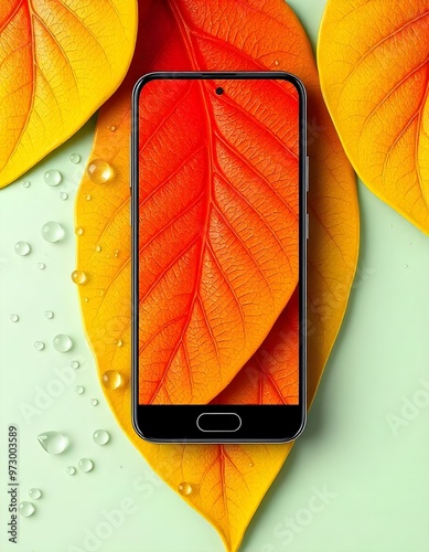 android mobile mockup with beautiful display of 3D leave  wallpapers photo