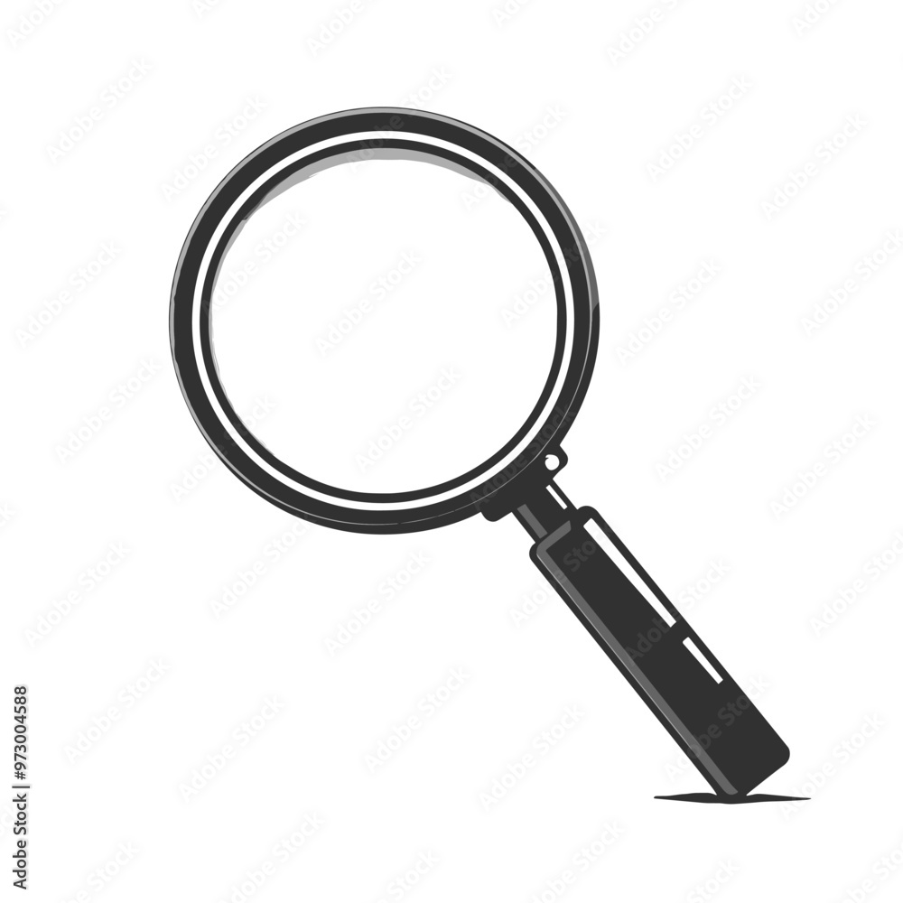 Black magnifying glass with a black handle, featuring a transparent lens, on a white background. Black magnifying glass with a black handle, featuring a transparent lens, on a white background.
