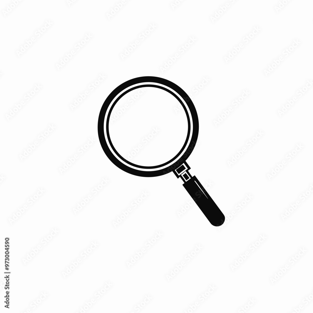 Black and white magnifying glass icon on a plain background. Black and white magnifying glass icon on a plain background.