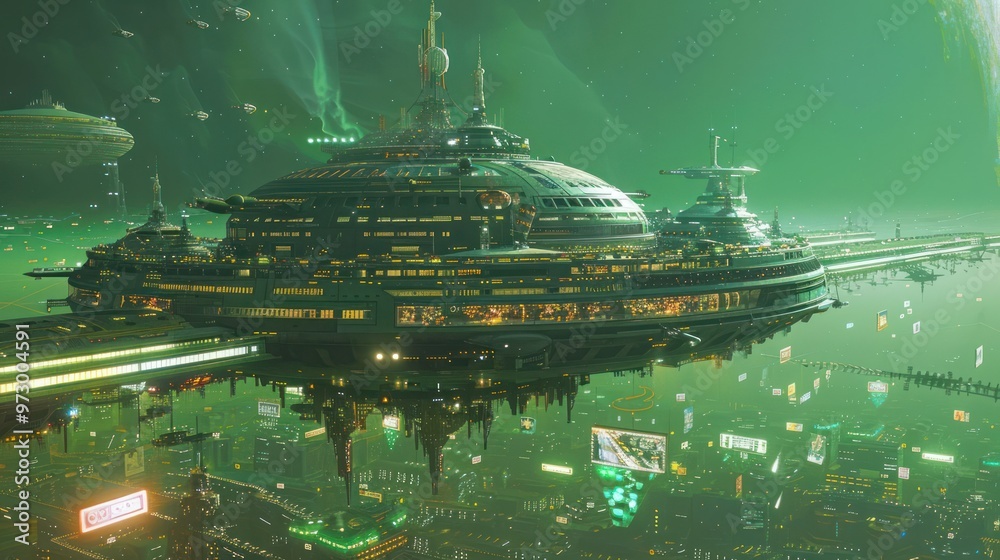 Futuristic Cityscape with Spaceships