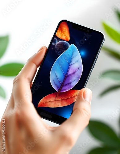 android mobile mockup with beautiful display of 3D leave  wallpapers photo