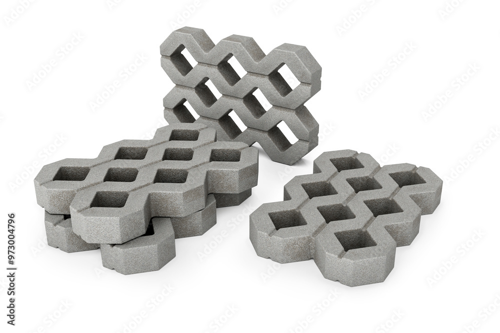 Concrete grass pavers. Several openwork grid blocks isolated on white background - 3d rendering