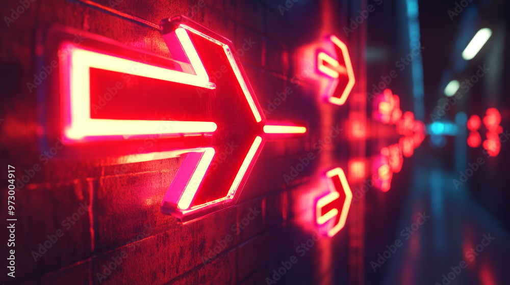 Red neon arrows glow brightly, pointing right. They look like they're ...