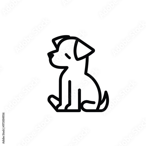 Minimalistic black line art of a sitting dog against a white background.