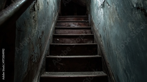 A narrow staircase leading to a dark basement, with only the faintest light revealing old, creaky steps photo