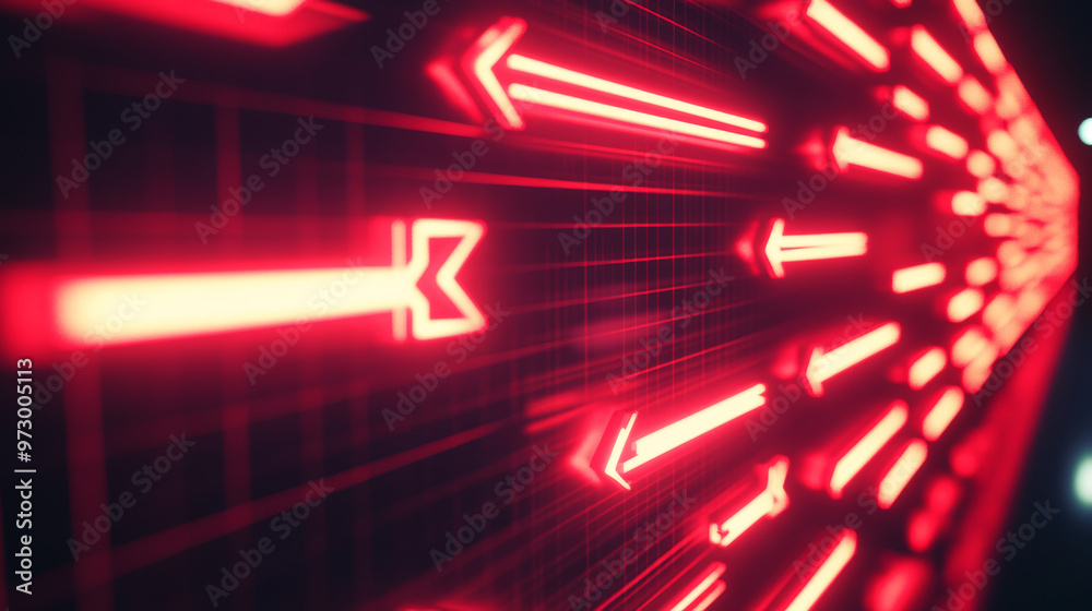 Red neon arrows glow brightly, pointing right. They look like they're ...