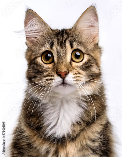 Cat with funny, cute and charming expression looking at camera isolated on white background