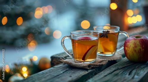 Enjoying cozy mugs filled with warm spiced apple cider on a rustic table while watching a stunning autumn sunset