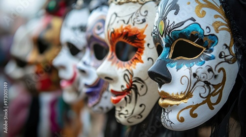 A rack of hand-painted masks featuring traditional Halloween themes at an autumn festival photo