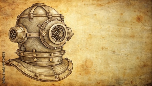 Vintage sketch of an old divers helmet, retro, antique, nautical, underwater, exploration, vintage, classic, ancient, maritime