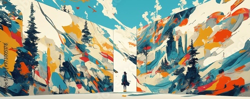 Surreal forest landscape with large abstract planet