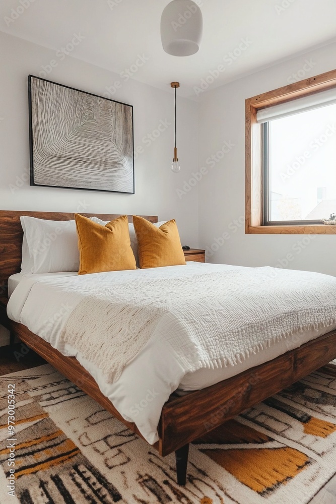 Fototapeta premium A mid-century modern interior in a white-walled bedroom with an art frame hanging from it. Generative AI