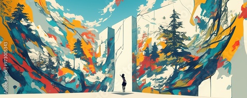 Surreal forest landscape with large abstract planet