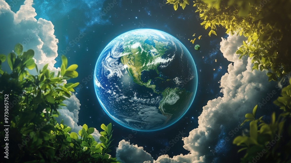 A vibrant Earth with clouds and stars in the night sky, framed by green leaves. A vibrant Earth with clouds and stars in the night sky, framed by green leaves.
