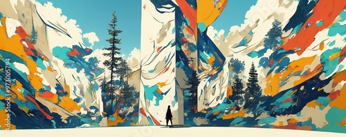 Surreal forest landscape with large abstract planet