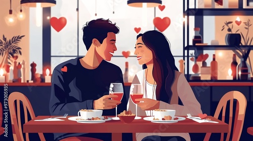 Romantic dinner date Caucasian couple at restaurant table smiling drinking wine with heart decorations in background, Valentines Day concept