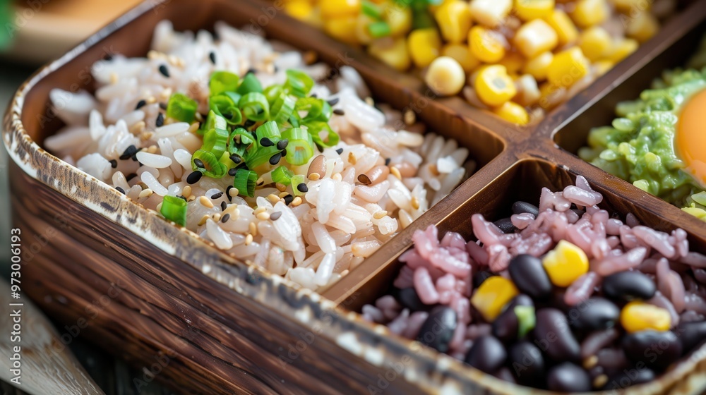 Close-up of a bento box with rice, corn, beans, and vegetables, showcasing a colorful and healthy meal option. Close-up of a bento box with rice, corn, beans, and vegetables, showcasing a colorful and healthy meal option.