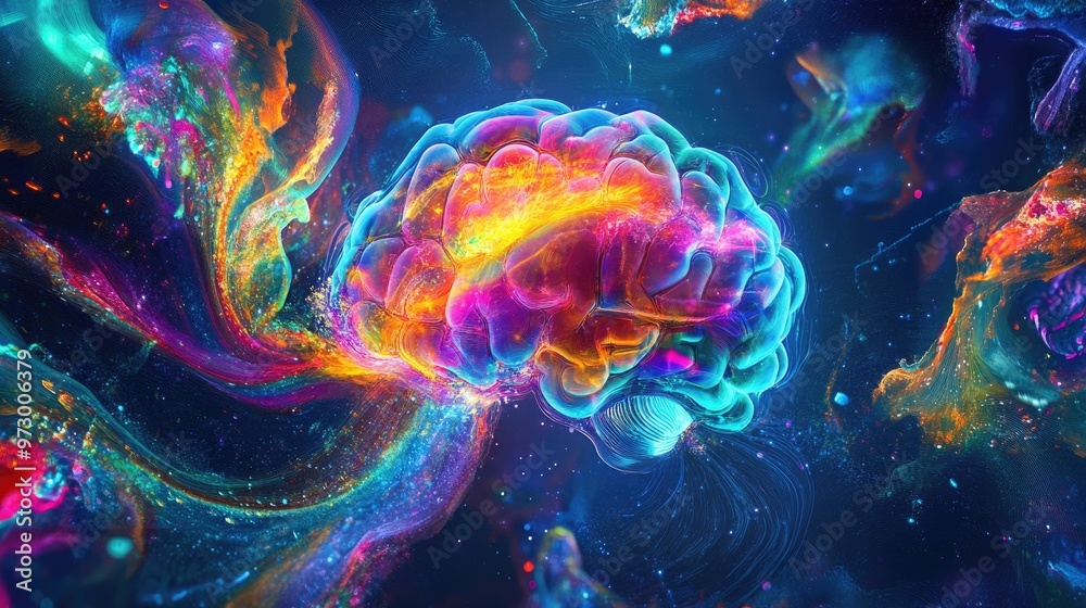 Abstract digital brain glowing with bright lights and surrounded by colorful patterns, set against a vivid nature-inspired abstract art wallpaper Abstract digital brain glowing with bright lights and surrounded by colorful patterns, set against a vivid nature-inspired abstract art wallpaper