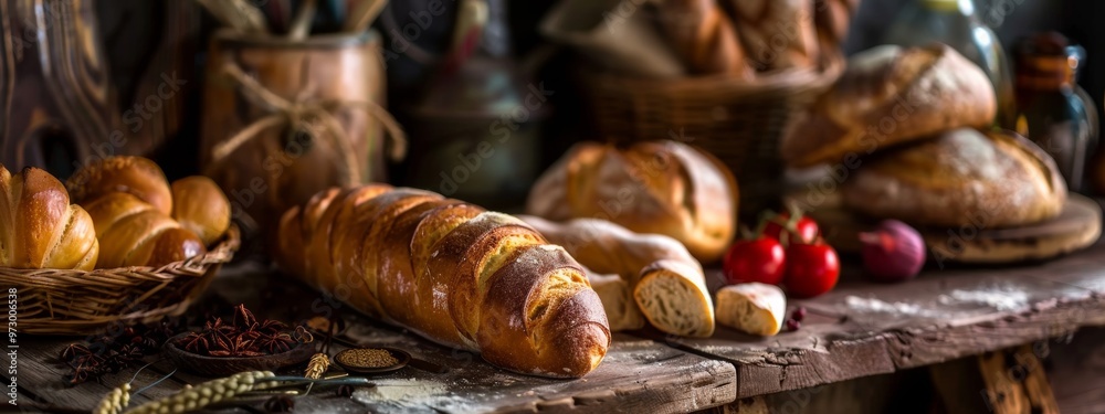 Freshly baked bread on rustic wooden table with ingredients Freshly baked bread on rustic wooden table with ingredients