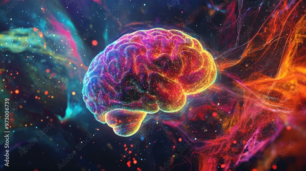 Abstract digital brain glowing with bright lights and surrounded by colorful patterns, set against a vivid nature-inspired abstract art wallpaper Abstract digital brain glowing with bright lights and surrounded by colorful patterns, set against a vivid nature-inspired abstract art wallpaper