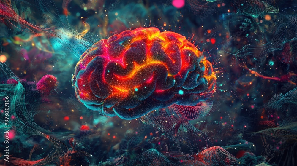 Abstract digital brain glowing with bright lights and surrounded by colorful patterns, set against a vivid nature-inspired abstract art wallpaper Abstract digital brain glowing with bright lights and surrounded by colorful patterns, set against a vivid nature-inspired abstract art wallpaper